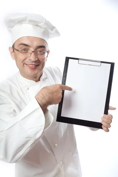 Kepala koki menunjukkan menu — Stok Foto