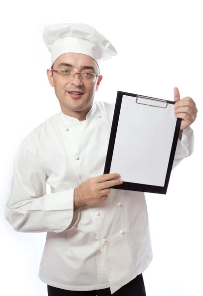 Головний кухар, що показує меню — стокове фото