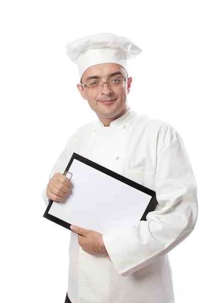Chef cuisinier montrant menu — Photo