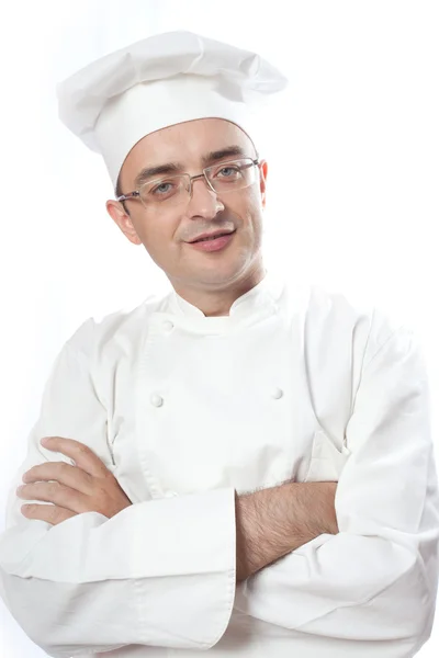 Chefe cozinheiro olhando sobre óculos — Fotografia de Stock