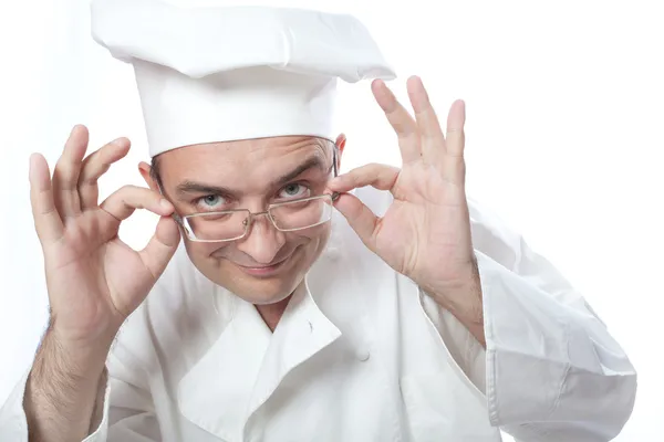 Chefen cook tittar över glasögon — Stockfoto