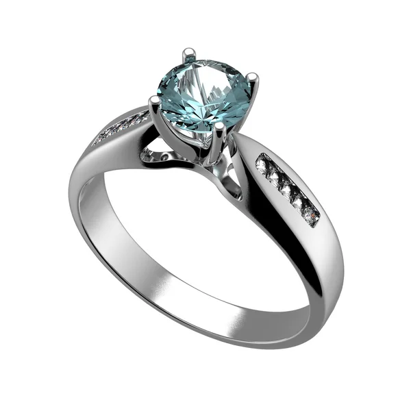 Ring with diamond isolated. Swiss blue topaz. aquamarine. Grandi — Stock Photo, Image