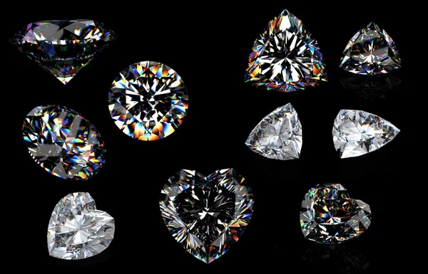 Perspectiva de diamantes de talla brillante 3d redondo aislado en negro —  Fotos de Stock