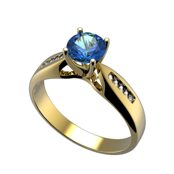 Pierścień z diamentów na białym tle. . Swiss blue topaz. akwamaryn — Zdjęcie stockowe