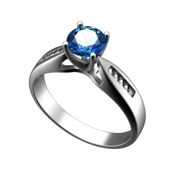 Anello con diamante isolato. topazio blu svizzero. Acquamarina. Grandi — Foto Stock