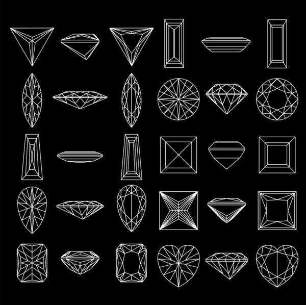 Kolekcja kształtów Diamond na czarnym tle. wirefram — Wektor stockowy