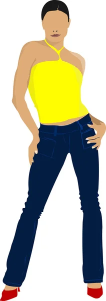 Young girl in yellow shirt. Colored Vector illustration — Stock Vector