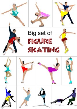 Big set of Figure skating colored silhouettes. Vector illustrati clipart