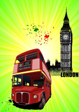 Grunge London images with buses image. Vector illustration clipart
