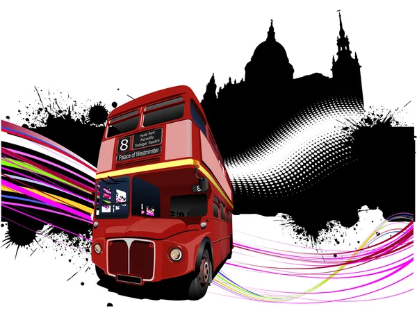 Grunge London gambar dengan gambar bus merah decker ganda. Vektor il - Stok Vektor