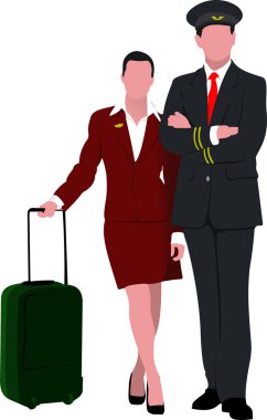 Flight crew. Cheerful pilot and stewardess with trolley, isolate clipart
