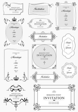 Set of ornate vector frames and ornaments with sample text. Perf clipart