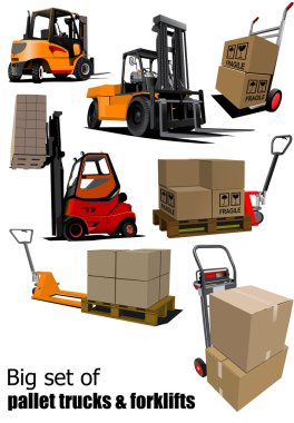 Big set of Forklifts and pallet trucks Vector illustration clipart