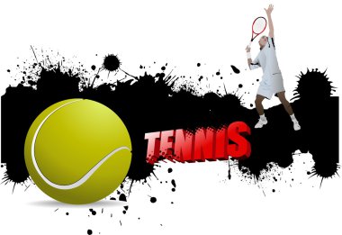 Grunge Tenis poster ile tenis topu ve oyuncu, vektör illustra