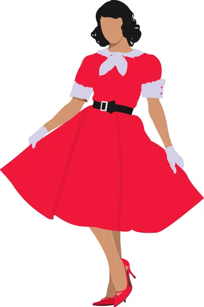 Beyaz zemin üzerine Kırmızı elbiseli güzel esmer kadın — Stok Vektör