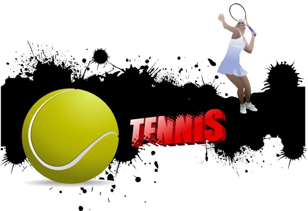 Cartel de tenis Grunge con pelota de tenis y jugador. Vector illustr — Archivo Imágenes Vectoriales