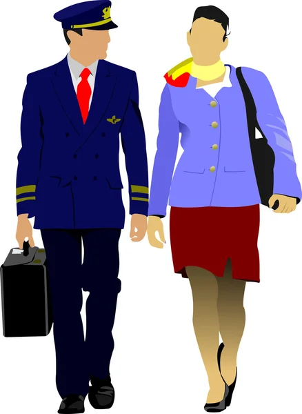 Flight crew. Cheerful pilot and stewardess with trolley, isolate — Stock Vector