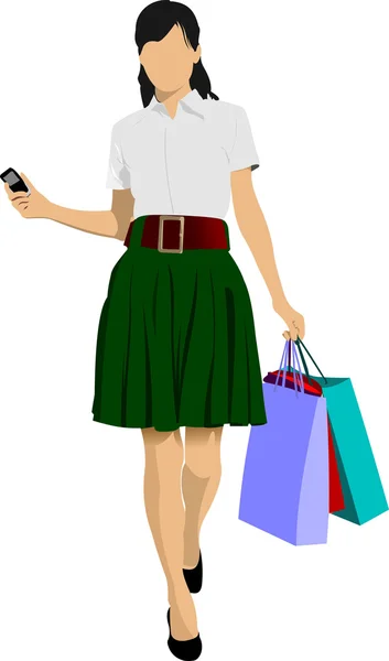 Bonita senhora de compras com sacos. Ilustração colorida vetorial —  Vetores de Stock