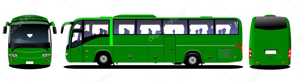 City bus. Tourist coach. Frontal, rear, side view. Vector illust