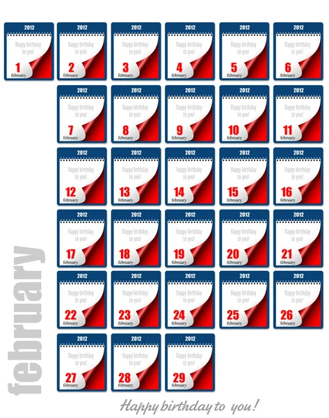 Avrivningsbara kalender 2012. varje dag i februari. Grattis på födelsedagen — Stock vektor