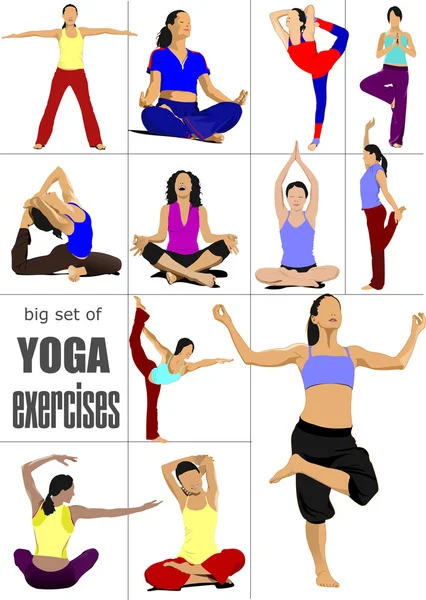 Grande conjunto de exercícios de Yoga - cartaz vetorial — Vetor de Stock