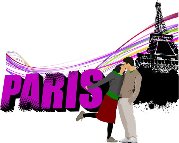 Parole 3D Parigi sulla torre Eiffel sfondo grunge con baci — Vettoriale Stock