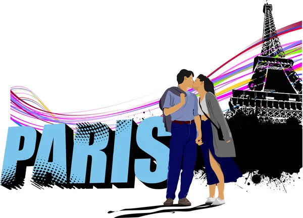 3D word Paris on the Eiffel tower grunge background with kissing — Stock Vector