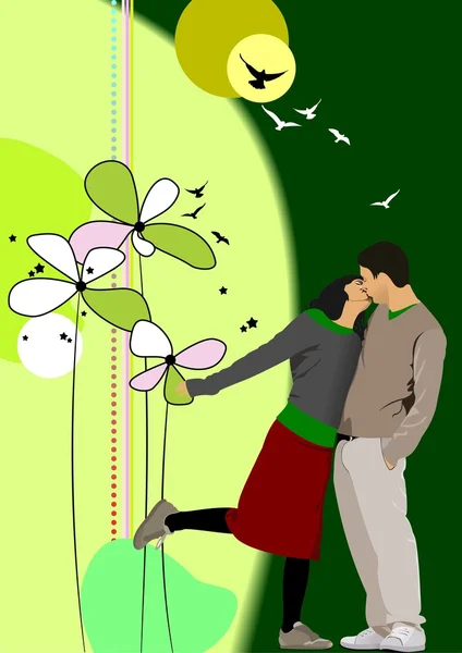 キスカップルと花の背景。ベクターイラスト — ストックベクタ
