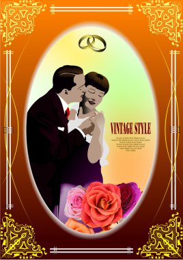 Vintage style frame with kissing couple image. Wedding card. Inv clipart