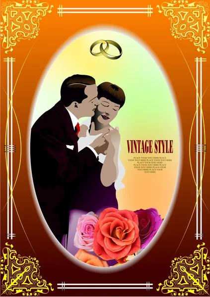 Vintage-Stil Rahmen mit küssenden Paar Bild. Hochzeitskarte. inv — Stockvektor