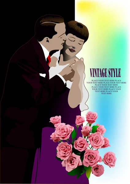 Vintage cadre de style rétro avec baiser couple image. Voiture de mariage — Image vectorielle