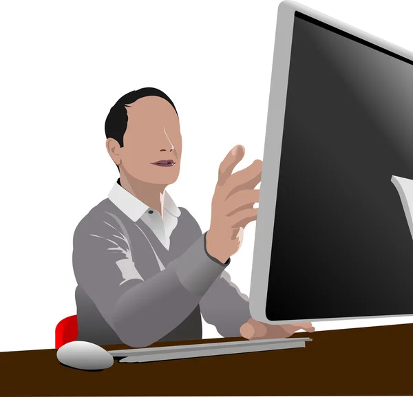 Pohledný muž sedí v přední části počítače. vektorové ilustrace — Stockový vektor