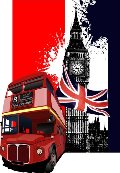 Bandiera Grunge con Londra e immagini di autobus. Illustrazione vettoriale — Vettoriale Stock