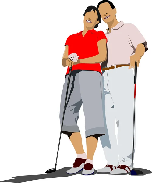 高尔夫球手夫妇在铁俱乐部。矢量插画 — 图库矢量图片