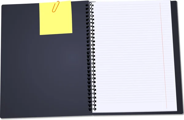 Caderno preto aberto no fundo branco com clipado amarelo nenhum —  Vetores de Stock