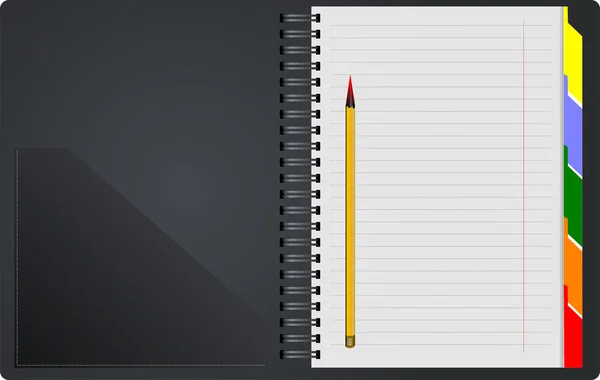 Cuaderno negro abierto sobre fondo blanco con pensil naranja. Vect. — Vector de stock