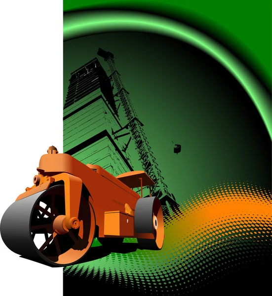 Road asphalt roller on green background. Vector illustration — Stock Vector