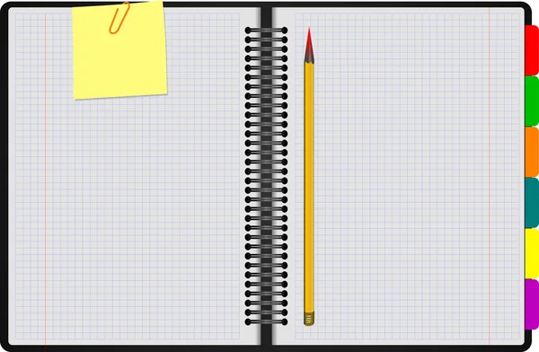 Svart anteckningsbok öppna på vit bakgrund med klippta gul ingen — Stock vektor