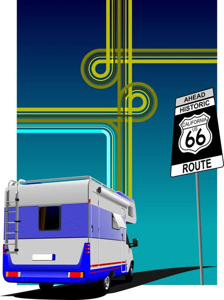 Täcka för broschyr med camper van och korsningen bild. Route 66 — Stock vektor