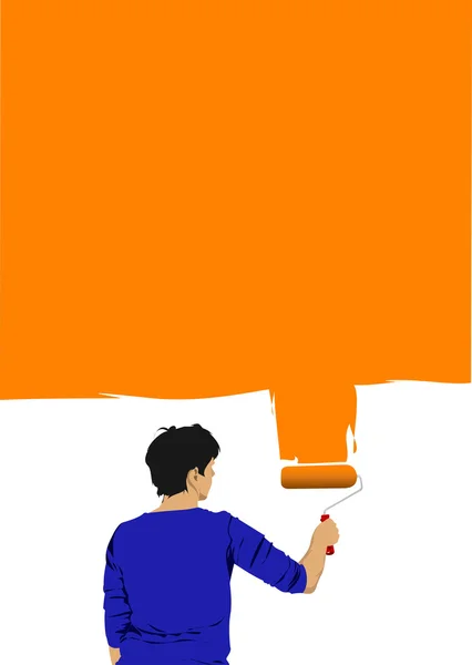 Žena maluje štětcem zdi. vektorový illustrationv — Stockový vektor
