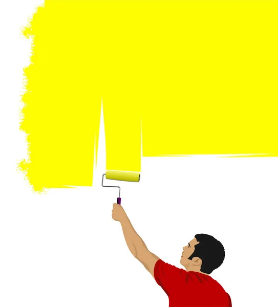 Genç adam, duvar fırçası boyar. vektör çizim — Stok Vektör