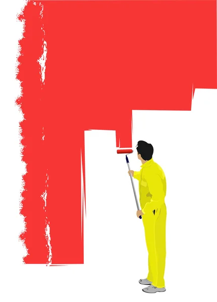 Człowiek farby pędzlem ściany. Ilustracja wektorowa — Wektor stockowy