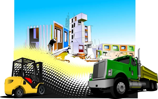 Site de construction avec camion (camion) et images de chariot élévateur. Vecteur ill — Image vectorielle