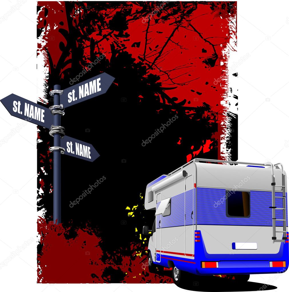 Camper van on country background with pointer different directio