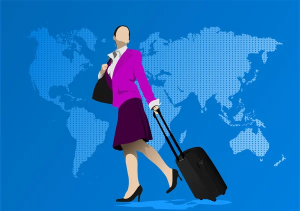 世界地図背景にスーツケースのビジネス男性。il をベクトルします。 — ストックベクタ