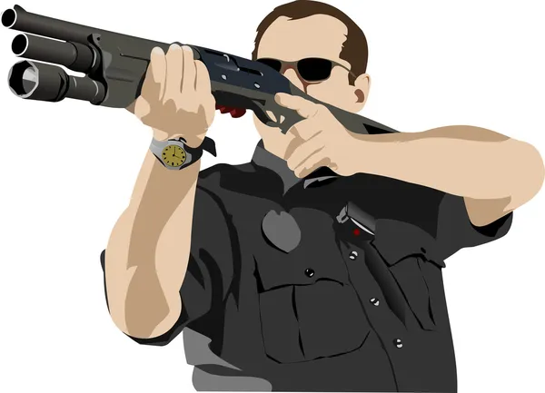 Gewapende politieagent voorbereiden om te schieten met automatische geweer. vector — Stockvector