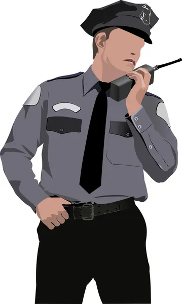 Policjant komunikować się przez walkie-talkie radio. wektor wektor — Wektor stockowy
