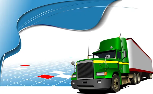 Abstract blue wave background with green truck on the road. Vect — стоковый вектор