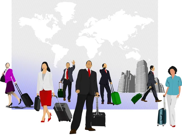 Üzleti ember bőrönd a világ megjelenítése háttér. Vektor Ilus — Stock Vector