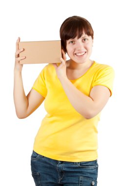 Young woman holding cardboard box clipart